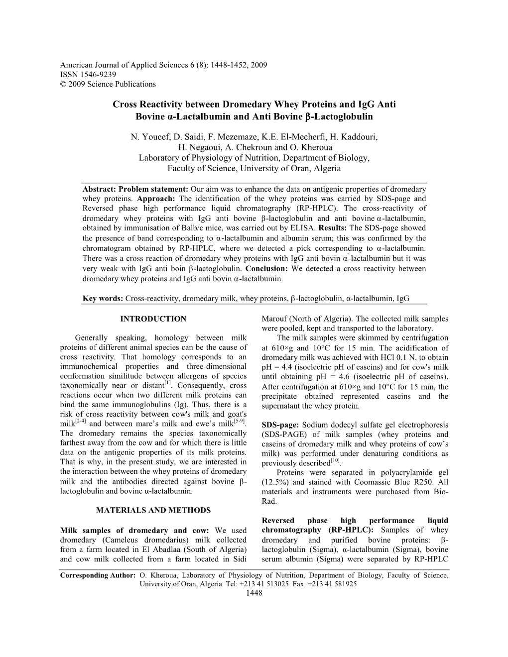 Cross Reactivity Between Dromedary Whey Proteins and Igg Anti Bovine Α-Lactalbumin and Anti Bovine Β-Lactoglobulin