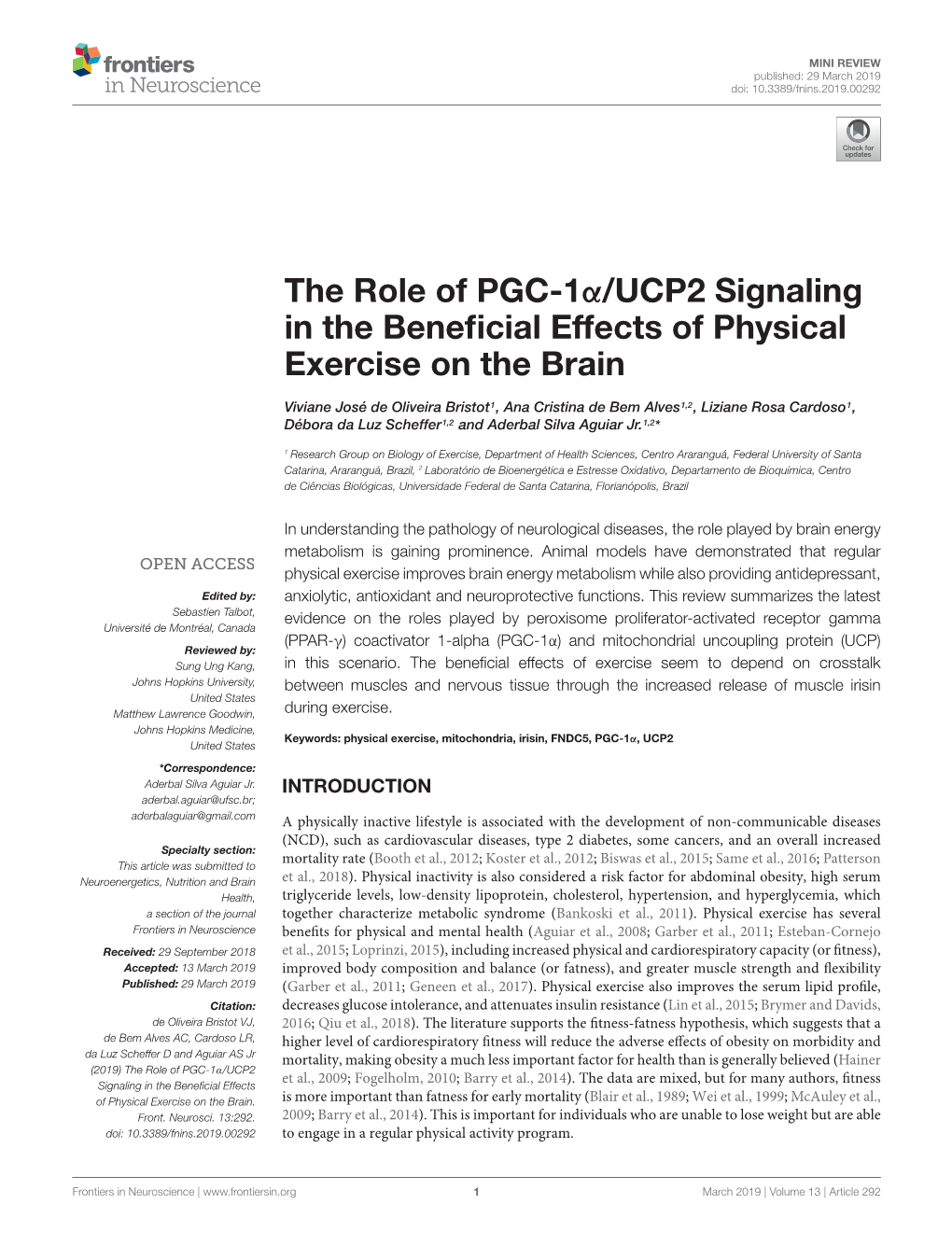 The Role of PGC-1Α/UCP2 Signaling in the Beneficial Effects of Physical