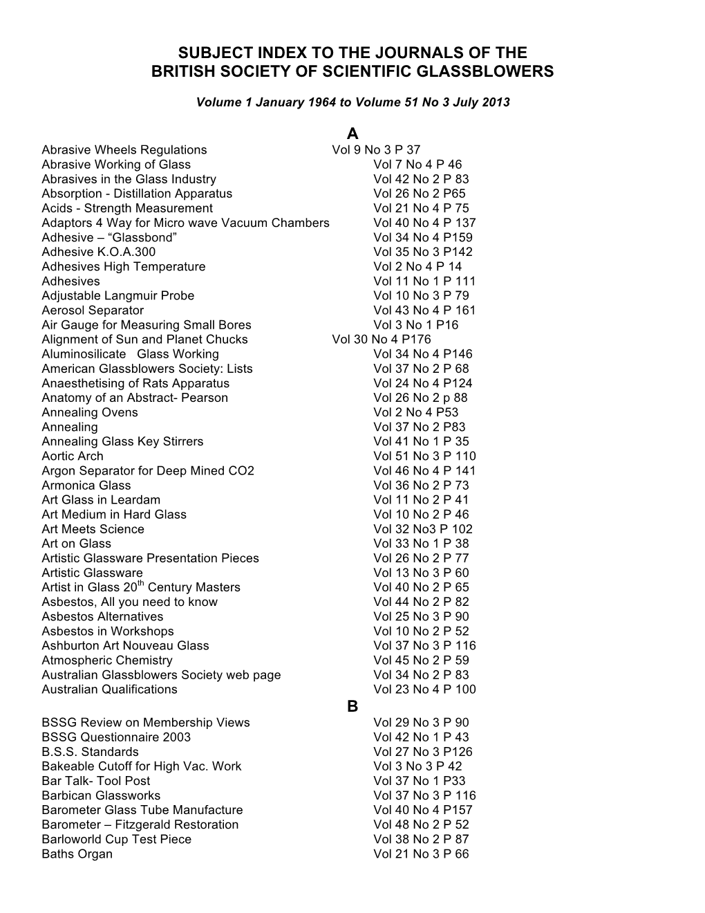 SUBJECT INDEX to the JOURNALS to July 13