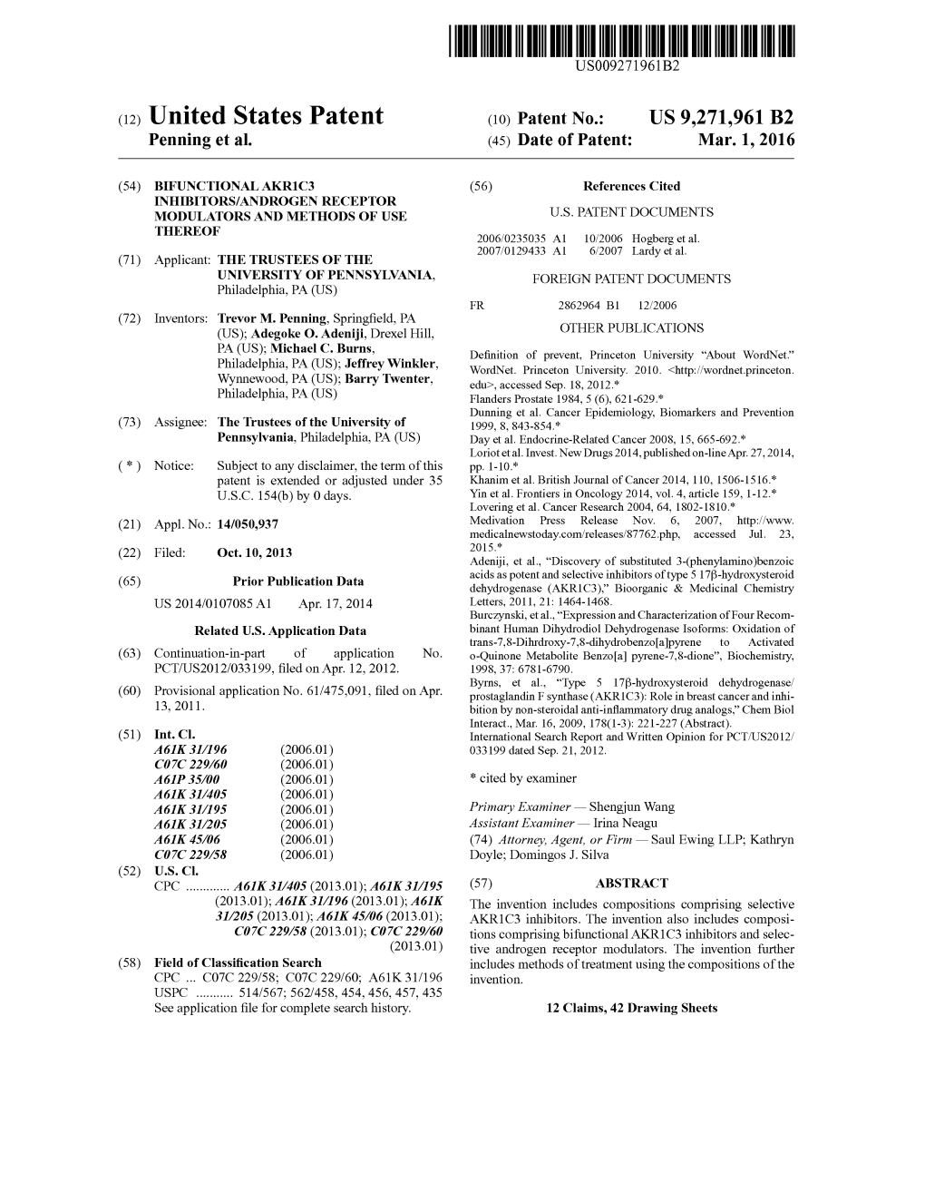 (12) United States Patent (10) Patent No.: US 9.271,961 B2 Penning Et Al