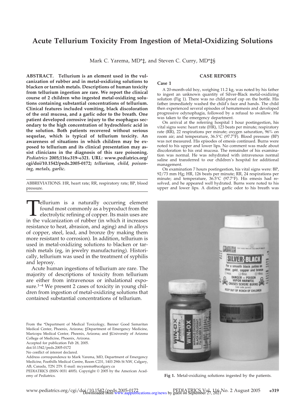 Acute Tellurium Toxicity from Ingestion of Metal-Oxidizing Solutions