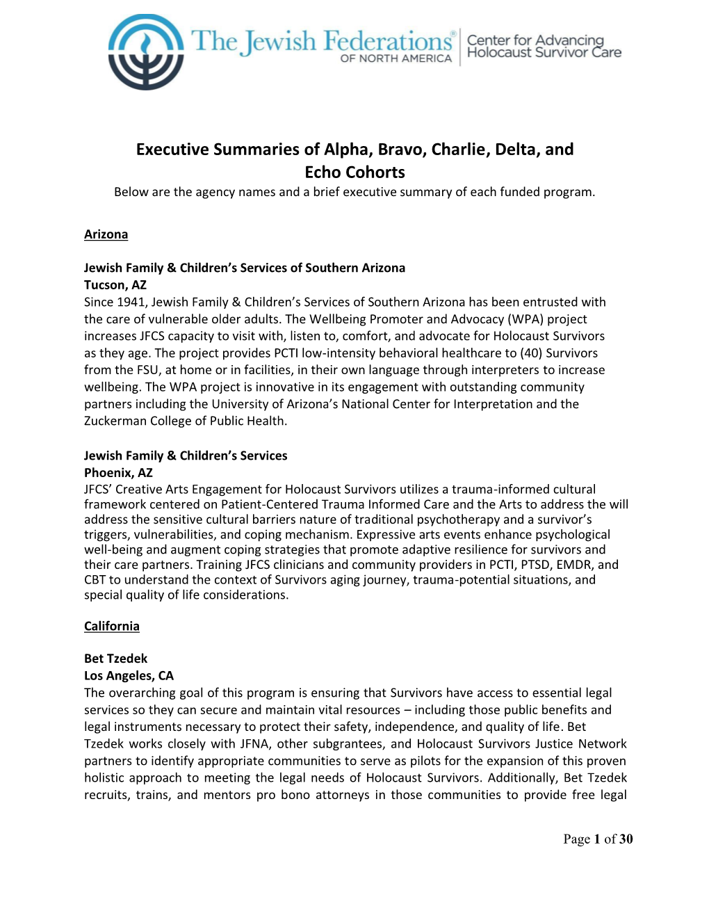 Executive Summaries of Alpha, Bravo, Charlie, Delta, and Echo Cohorts Below Are the Agency Names and a Brief Executive Summary of Each Funded Program