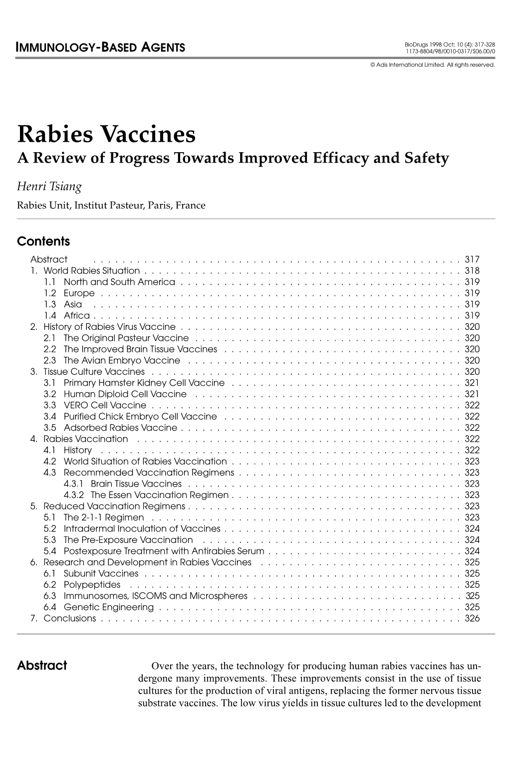 Rabies Vaccines a Review of Progress Towards Improved Efficacy and Safety