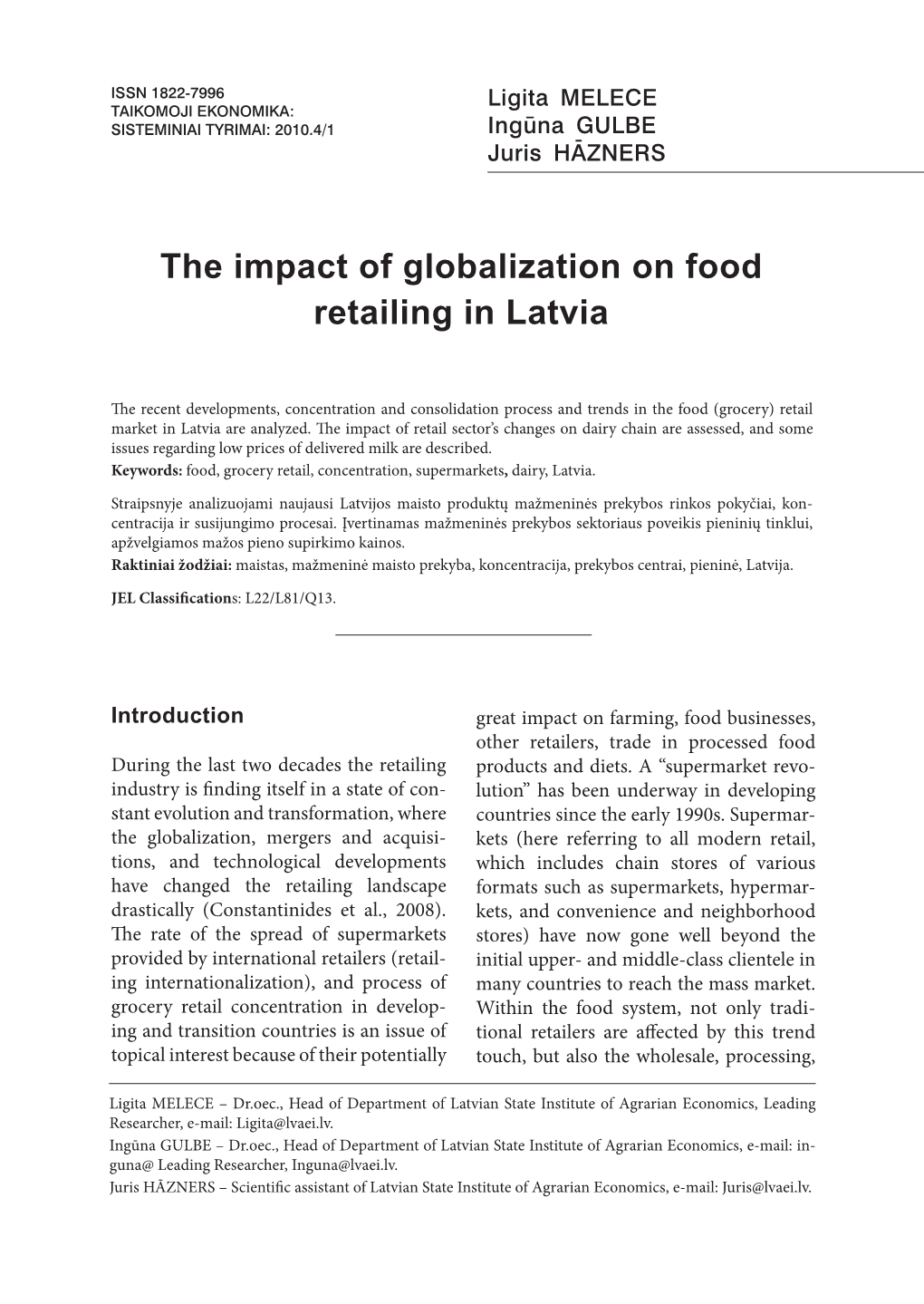The Impact of Globalization on Food Retailing in Latvia