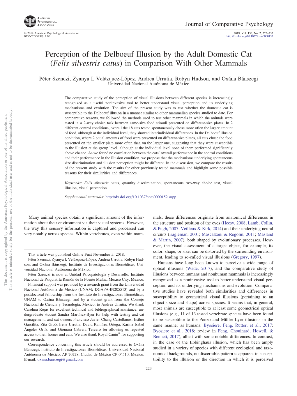 Perception of the Delboeuf Illusion by the Adult Domestic Cat (Felis Silvestris Catus) in Comparison with Other Mammals