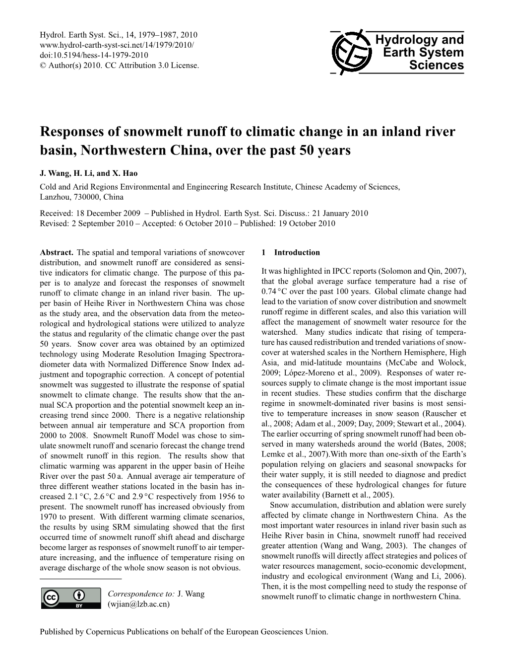 Responses of Snowmelt Runoff to Climatic Change in an Inland River Basin, Northwestern China, Over the Past 50 Years