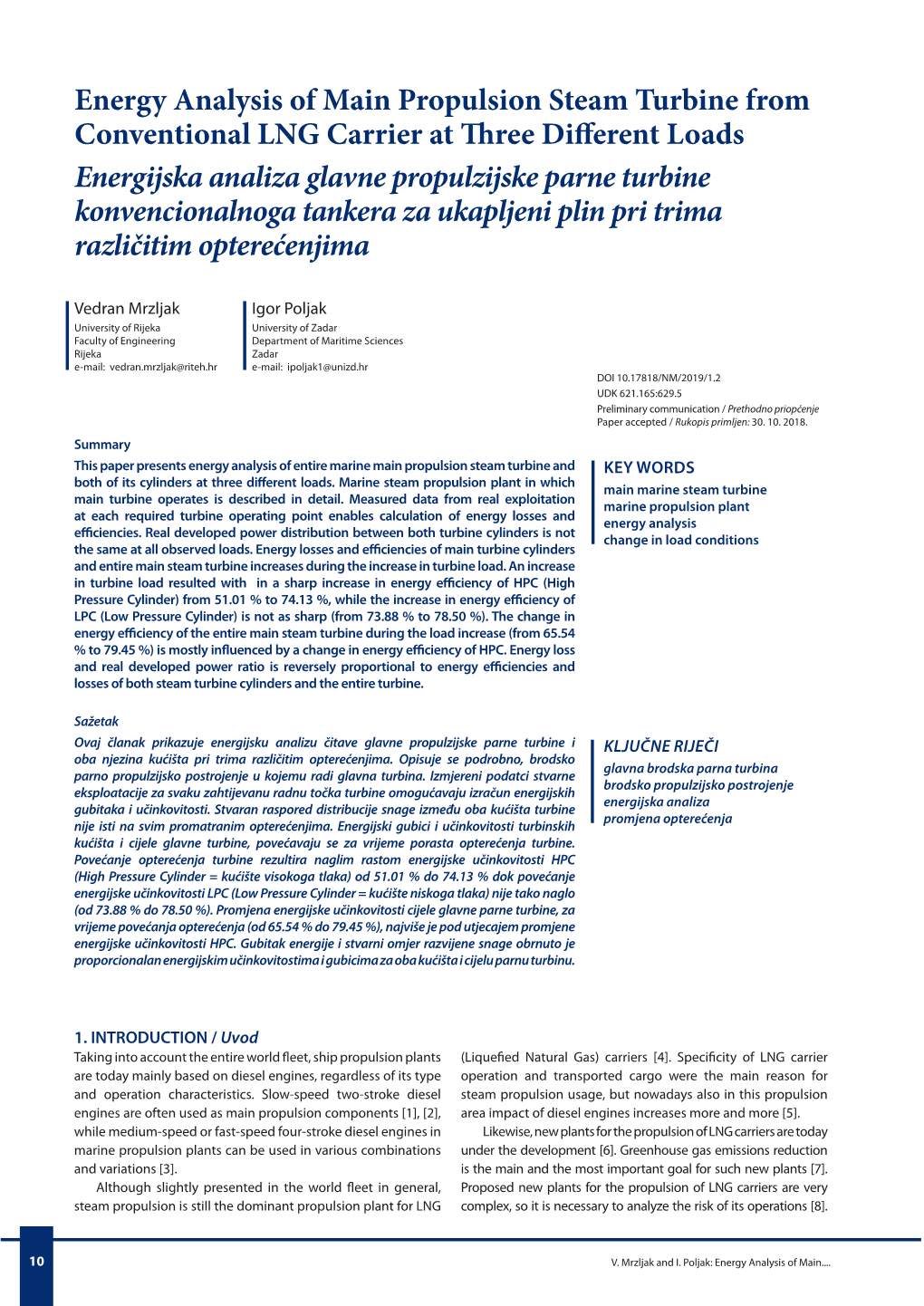 Energy Analysis of Main Propulsion Steam Turbine from Conventional LNG Carrier at Three Different Loads Energijska Analiza Glavn