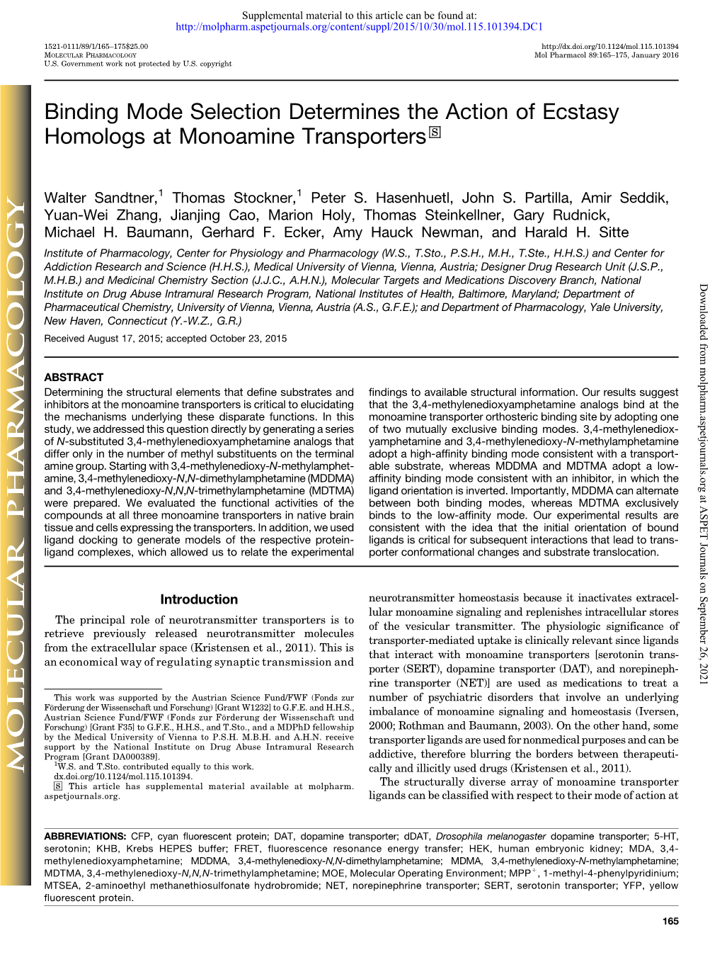 Binding Mode Selection Determines the Action of Ecstasy Homologs at Monoamine Transporters S