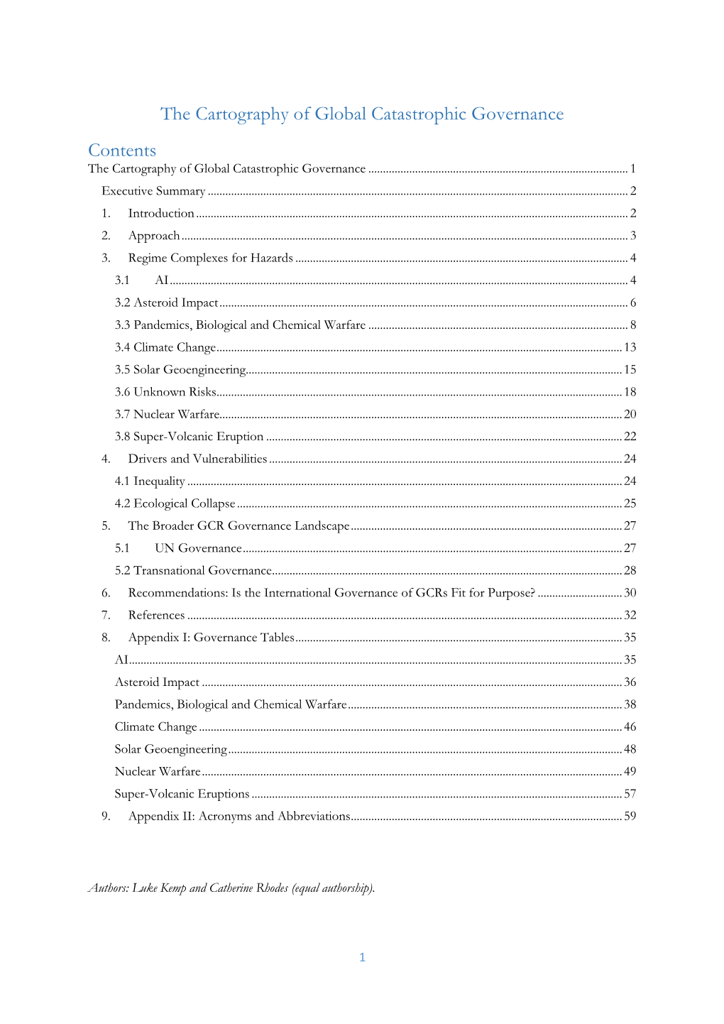 The Cartography of Global Catastrophic Governance Contents the Cartography of Global Catastrophic Governance