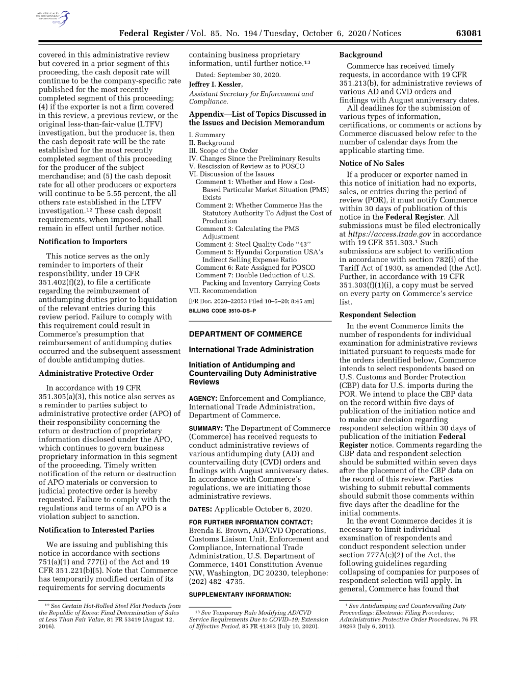 Federal Register/Vol. 85, No. 194/Tuesday, October 6, 2020