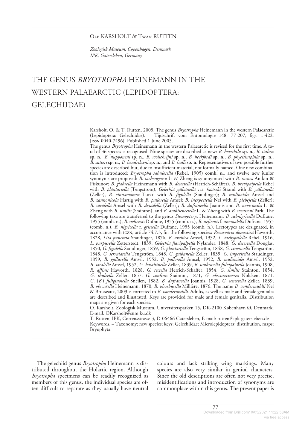 The Genus Bryotropha Heinemann in the Western Palaearctic (Lepidoptera: Gelechiidae)