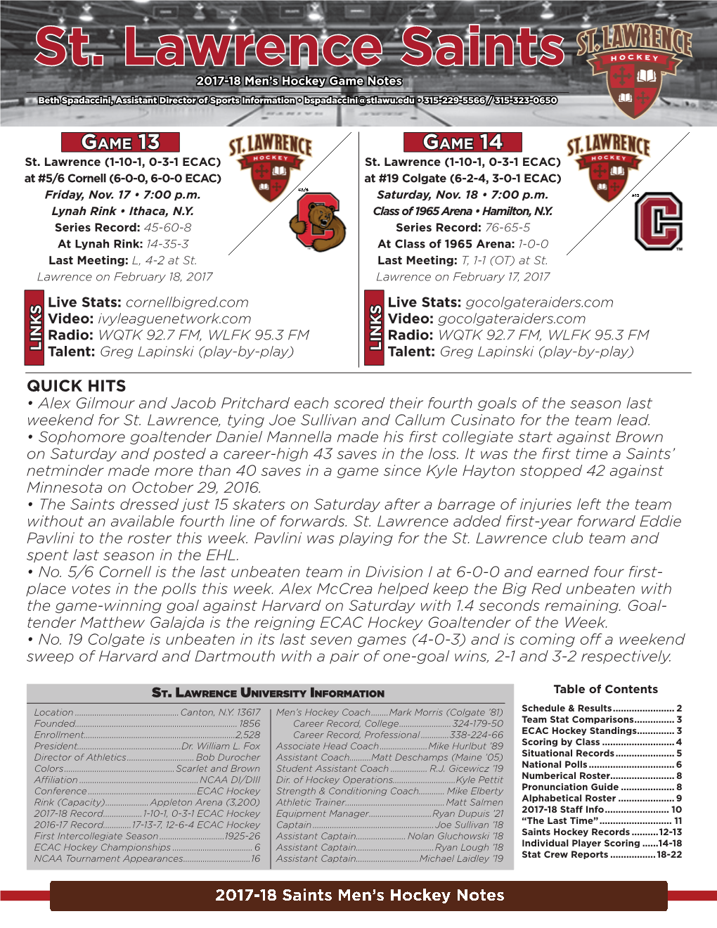 St. Lawrence Saints 2017-18 Men’S Hockey Game Notes