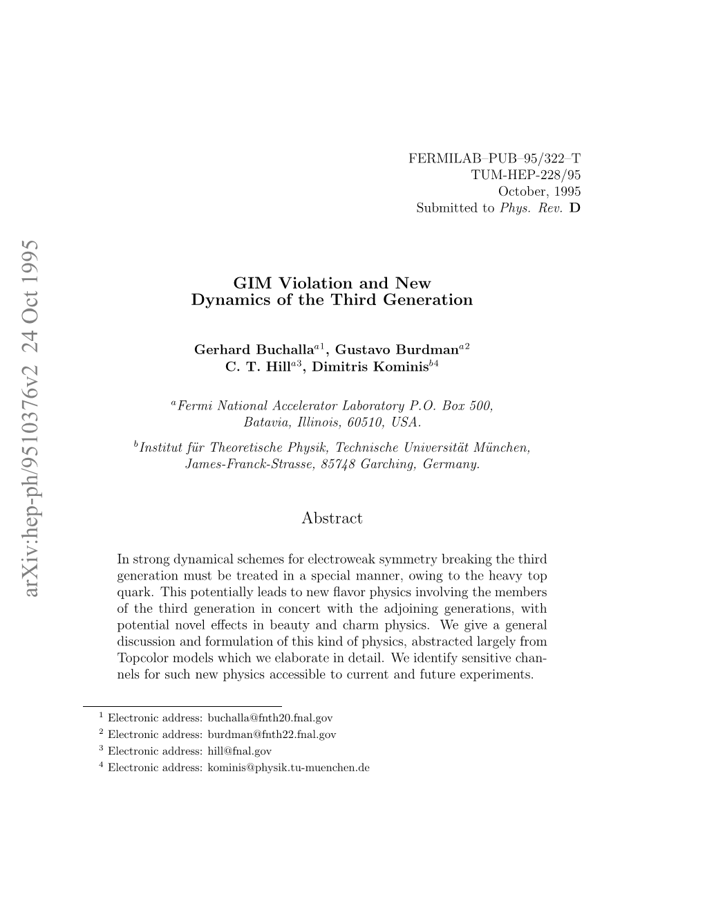 GIM Violation and New Dynamics of the Third Generation