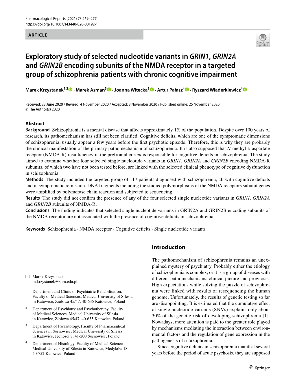 Exploratory Study of Selected Nucleotide Variants in GRIN1