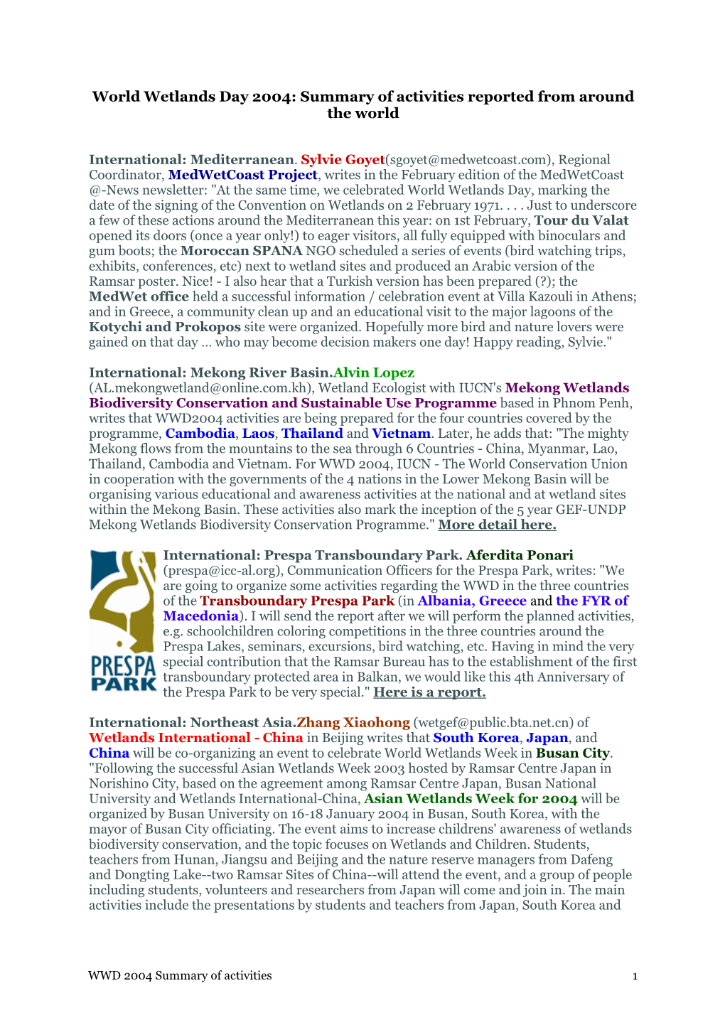 World Wetlands Day 2004: Summary of Activities Reported from Around the World