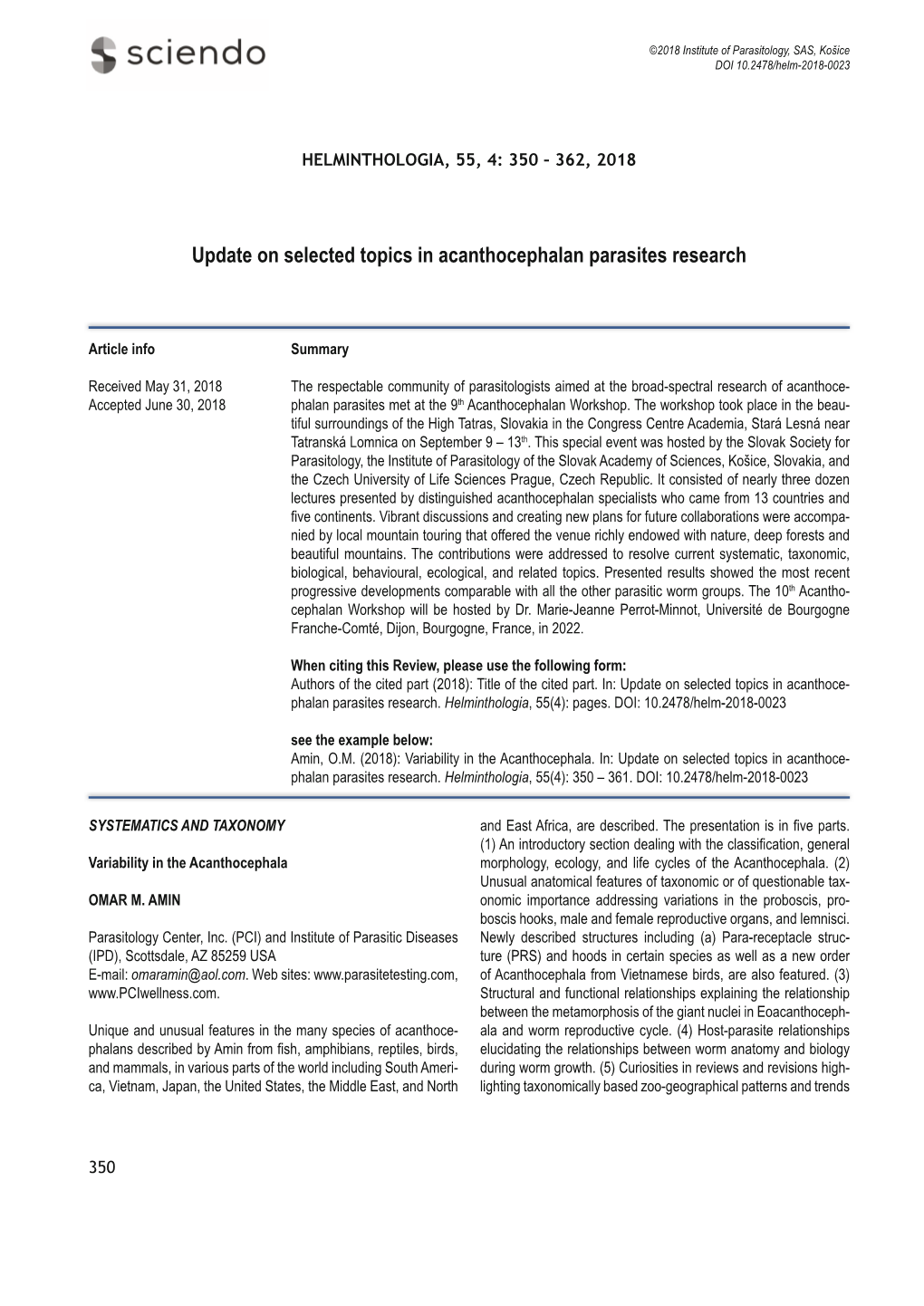 Update on Selected Topics in Acanthocephalan Parasites Research