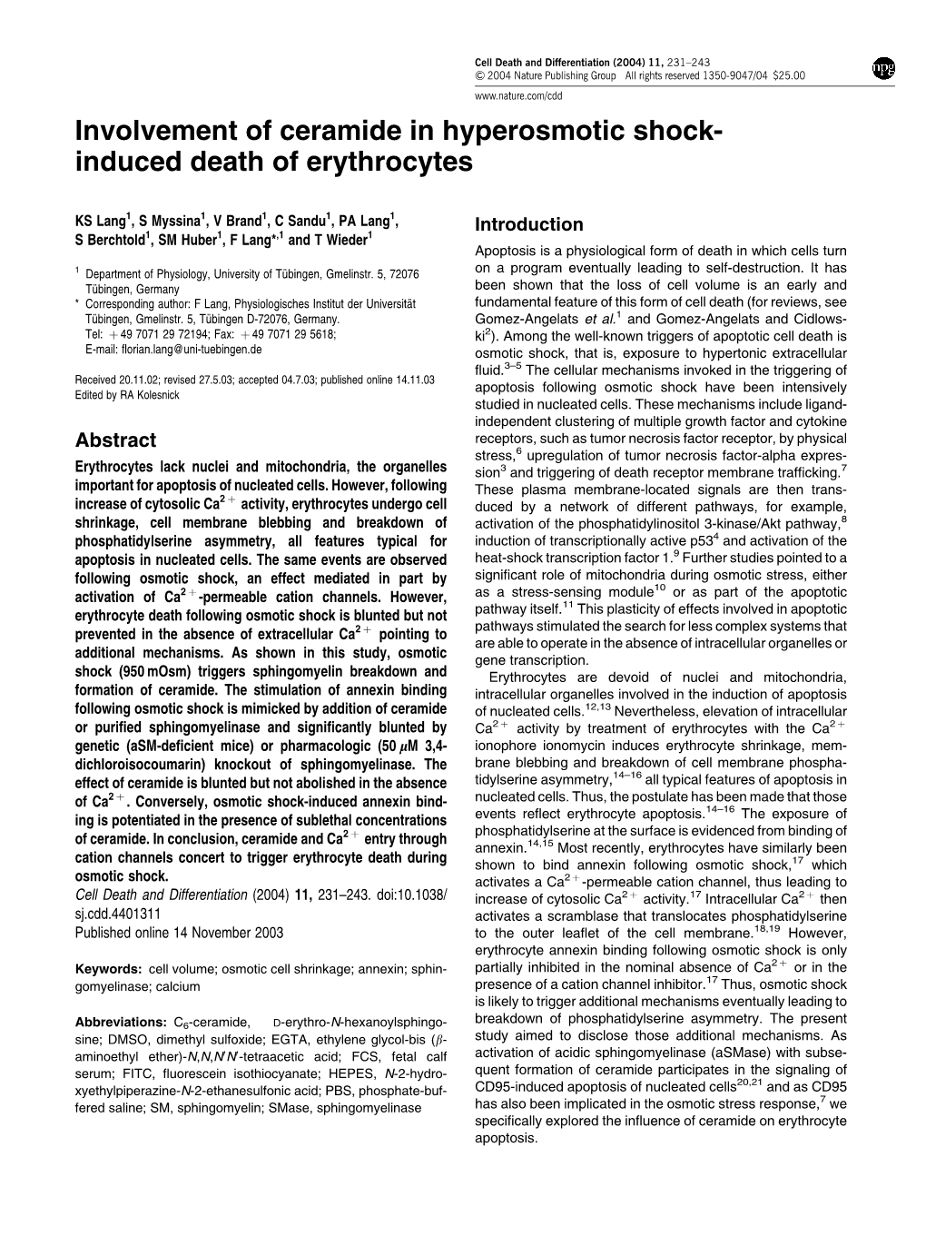 Involvement of Ceramide in Hyperosmotic Shock- Induced Death of Erythrocytes
