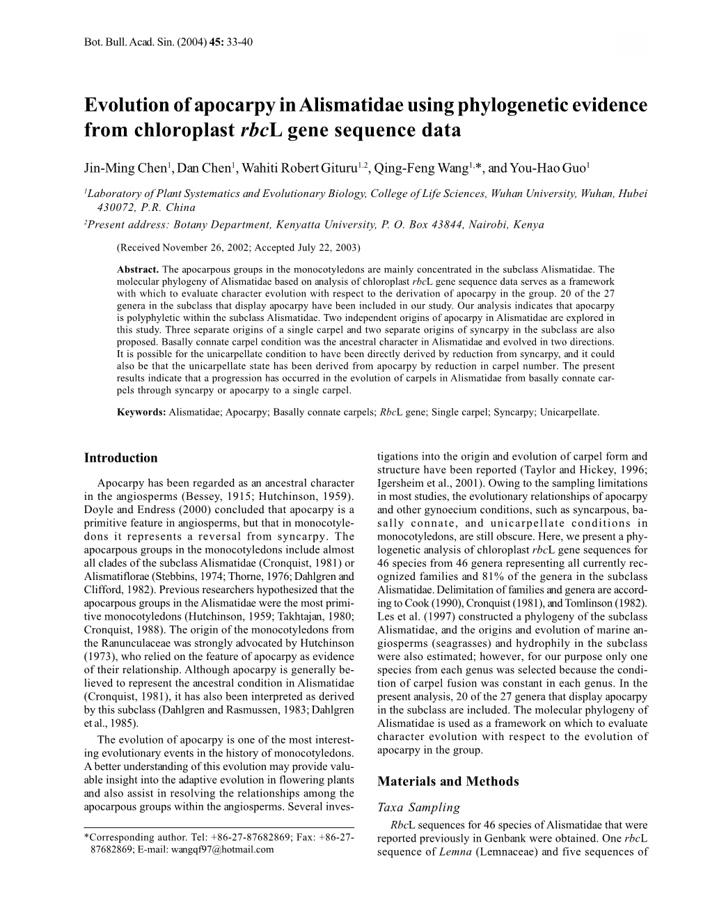 Evolution of Apocarpy in Alismatidae Using Phylogenetic Evidence from Chloroplast Rbcl Gene Sequence Data