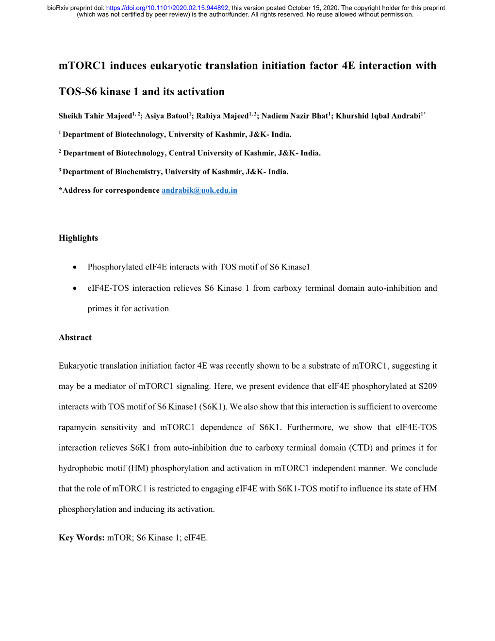 Mtorc1 Induces Eukaryotic Translation Initiation Factor 4E Interaction With