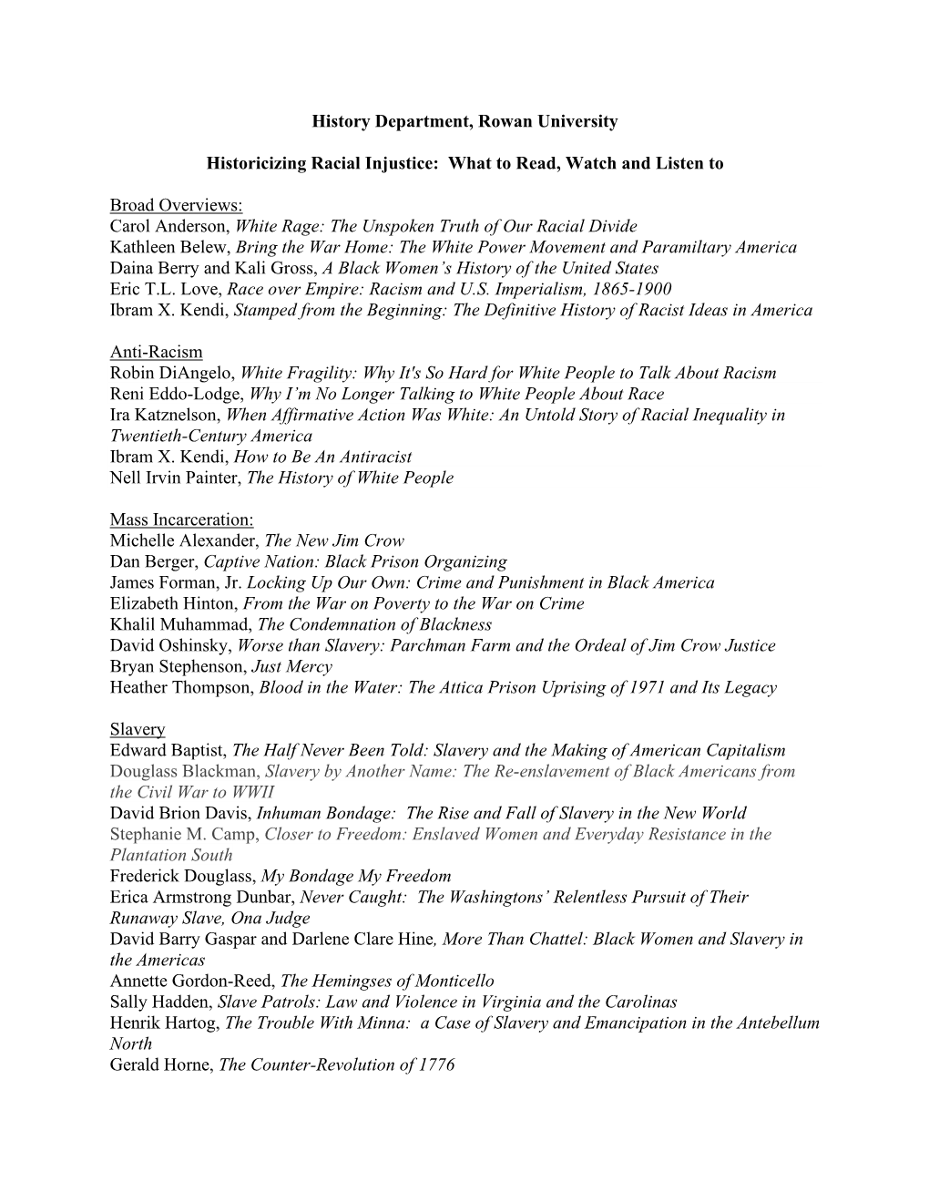 Rowan University History Department Recommendations