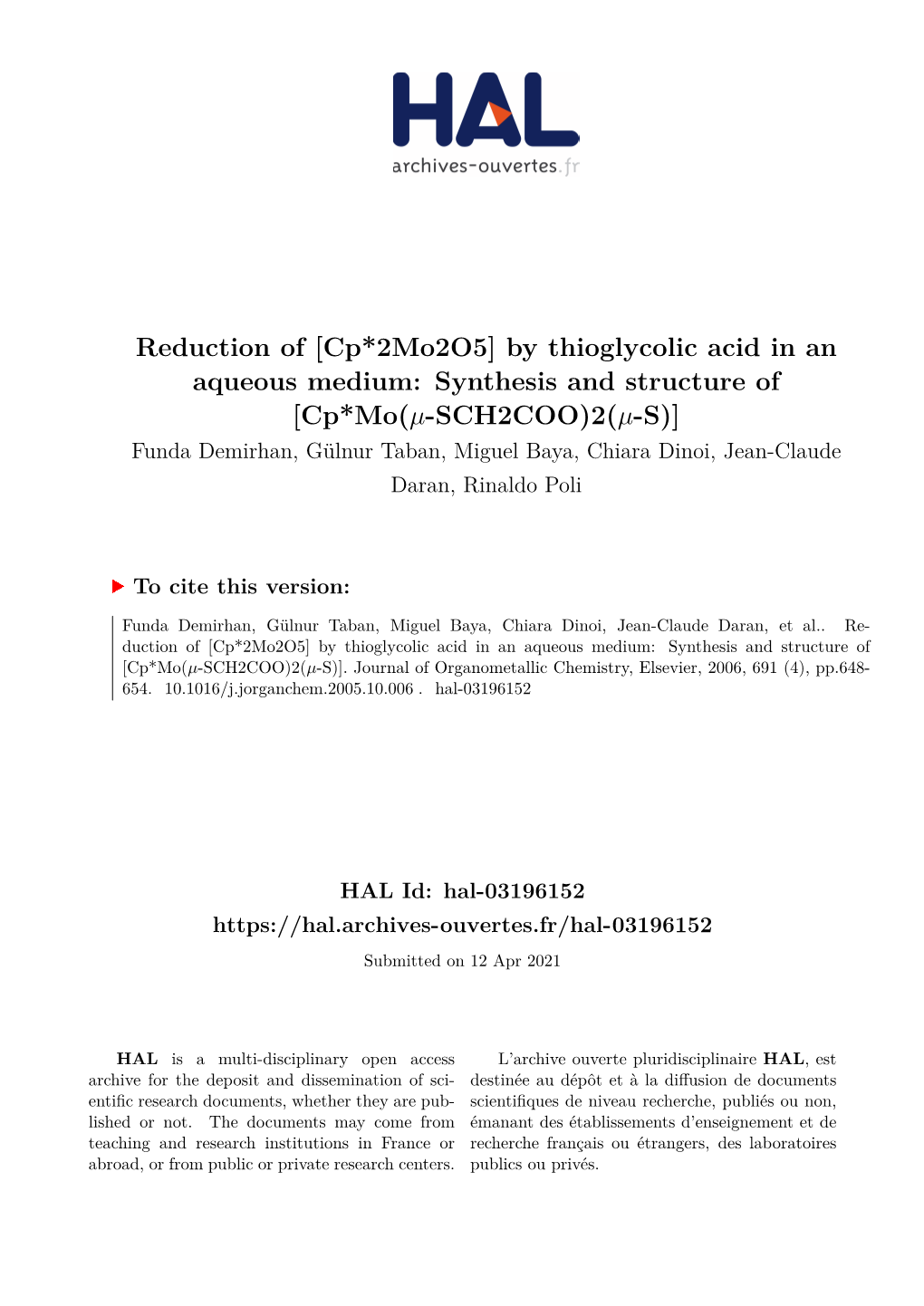 [Cp*2Mo2o5] by Thioglycolic Acid in an Aqueous Medium