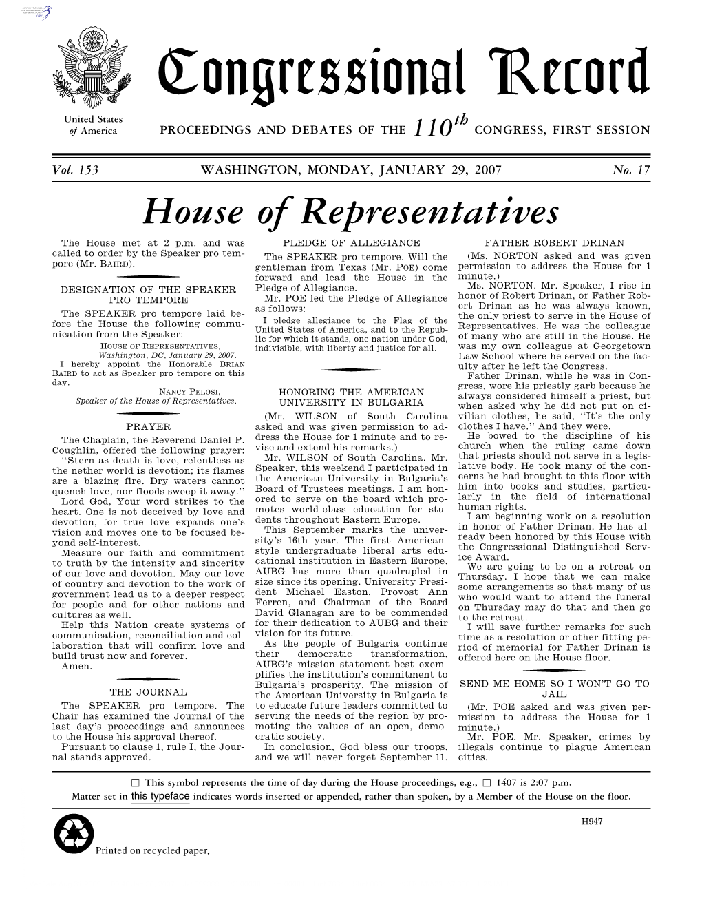 Congressional Record United States Th of America PROCEEDINGS and DEBATES of the 110 CONGRESS, FIRST SESSION
