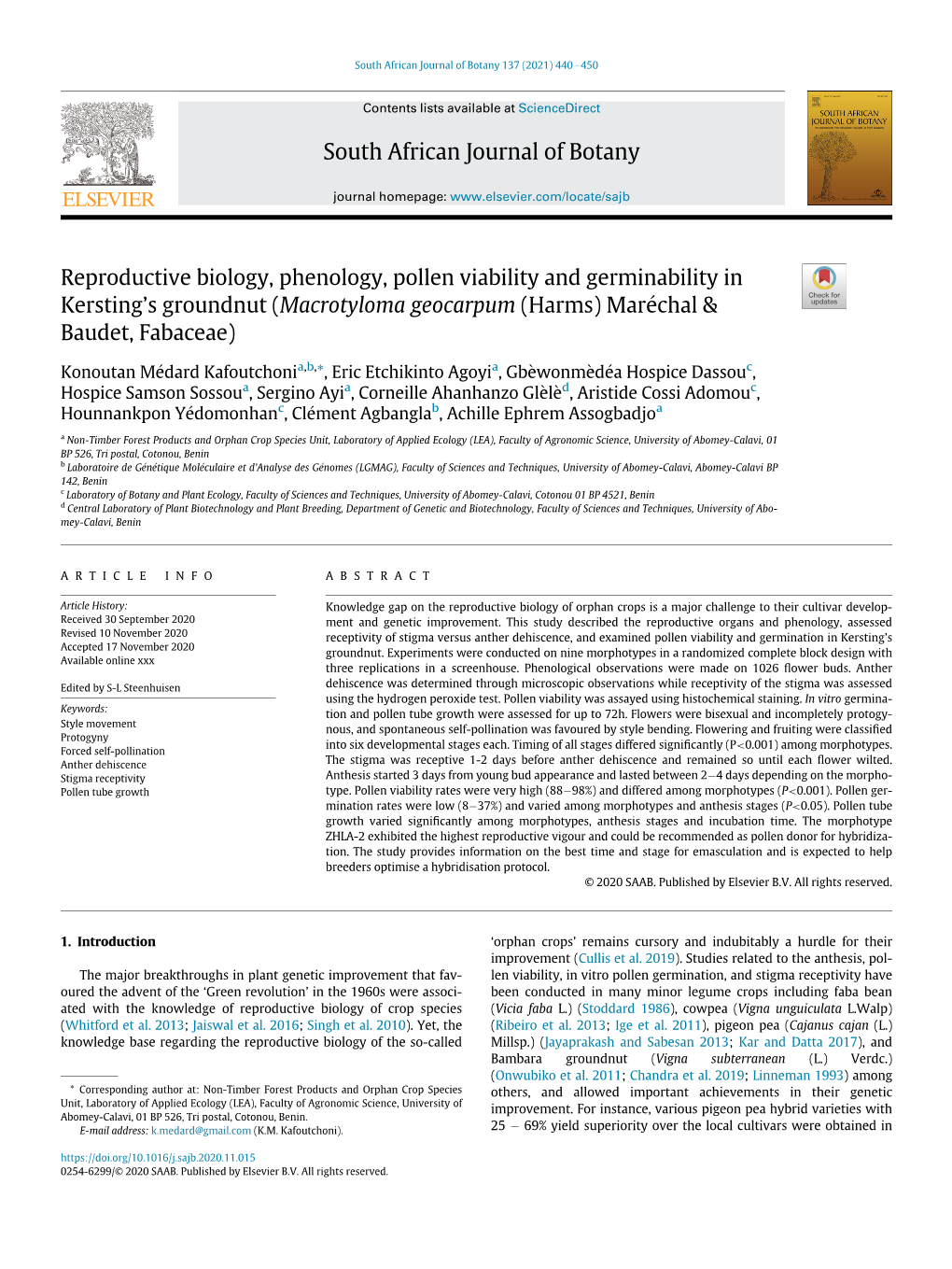 Reproductive Biology, Phenology, Pollen Viability and Germinability in Kersting’S Groundnut (Macrotyloma Geocarpum (Harms) Marechal� & Baudet, Fabaceae)