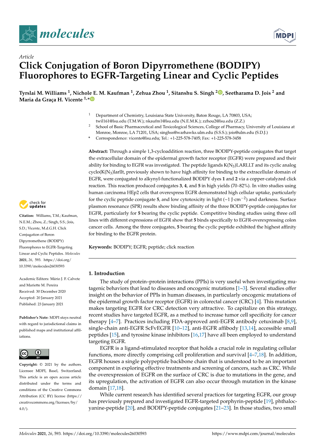 Click Conjugation of Boron Dipyrromethene (BODIPY) Fluorophores to EGFR-Targeting Linear and Cyclic Peptides