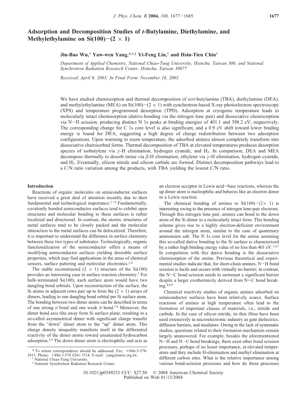 Butylamine, Diethylamine, and Methylethylamine on Si(100)-(2 × 1)