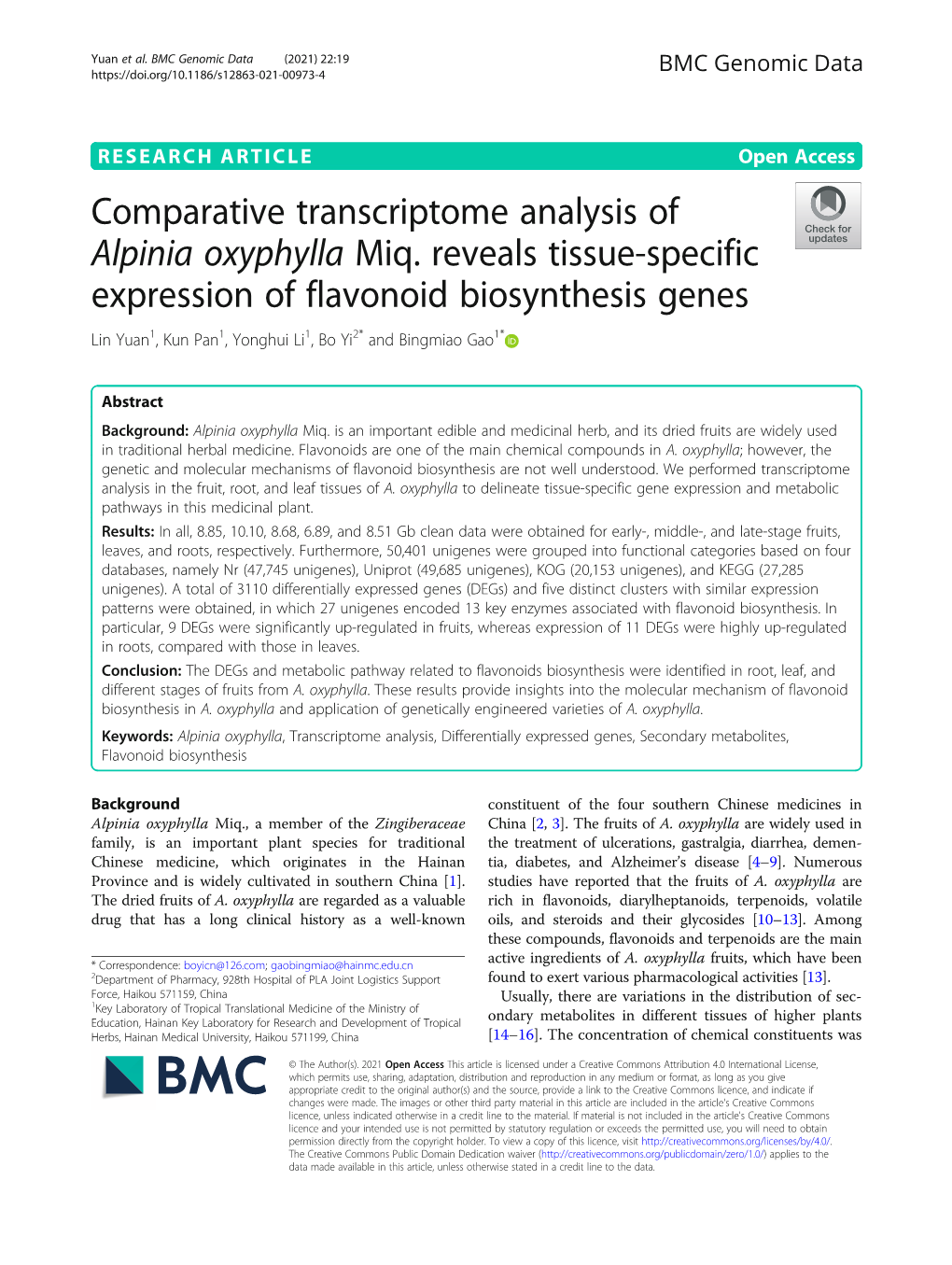 Comparative Transcriptome Analysis of Alpinia Oxyphylla Miq. Reveals