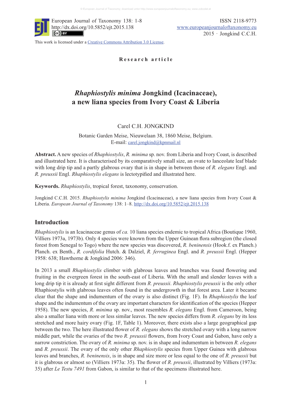 Rhaphiostylis Minima Jongkind (Icacinaceae), a New Liana Species from Ivory Coast & Liberia