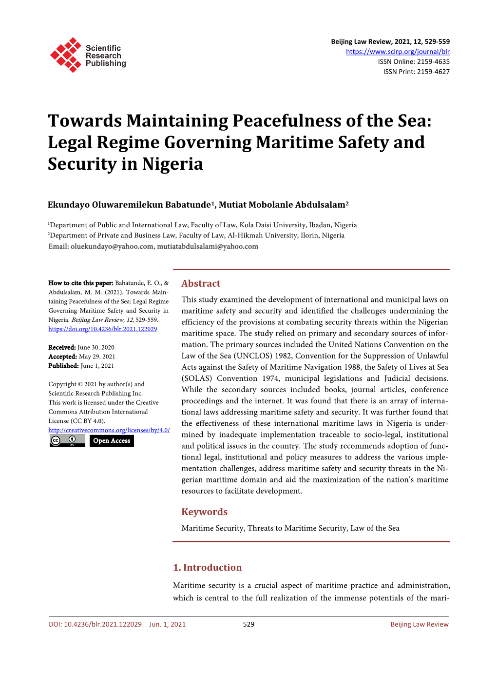 Legal Regime Governing Maritime Safety and Security in Nigeria