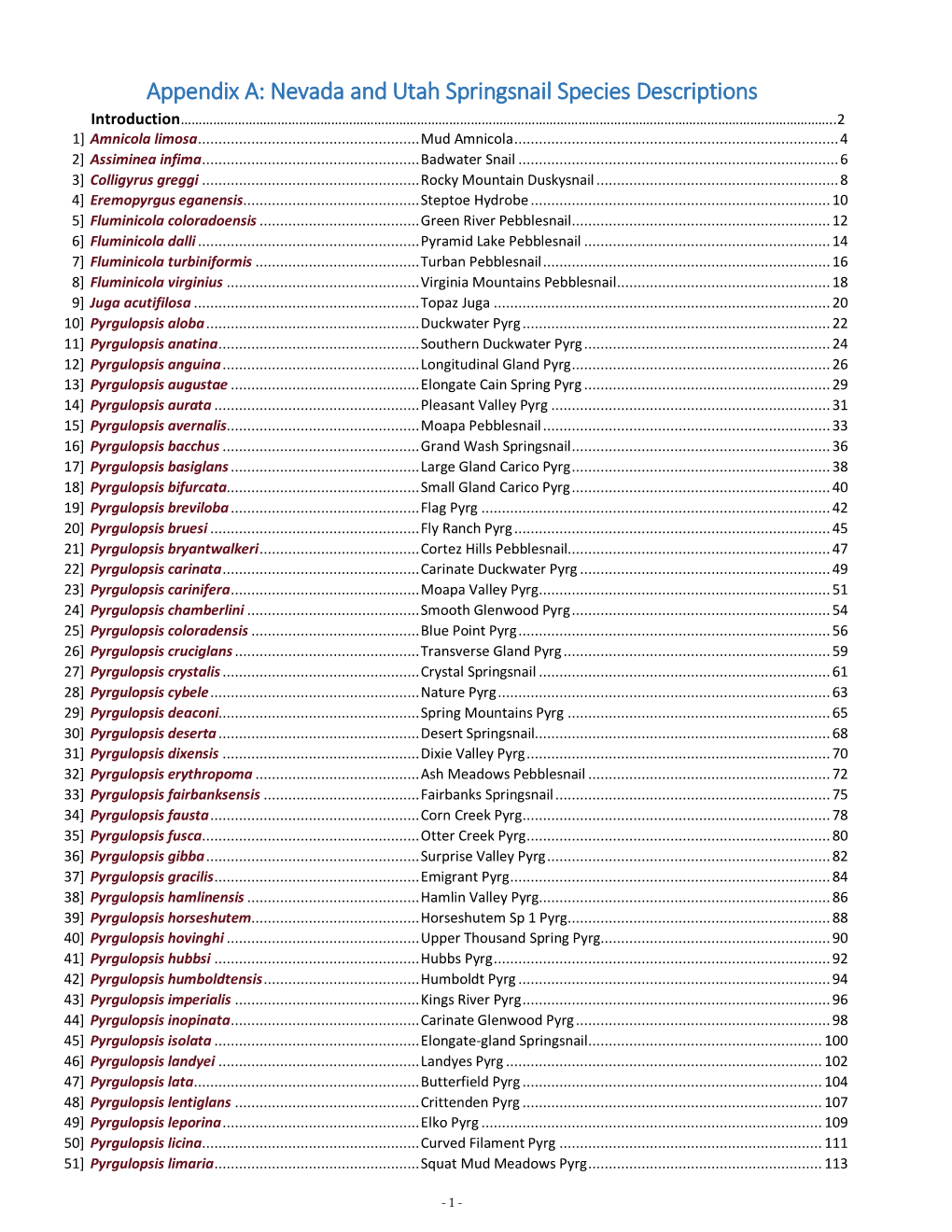 Nevada and Utah Springsnail Species Descriptions Introduction……………………………………………………………………………………………………………………………………………….………………..2 1] Amnicola Limosa