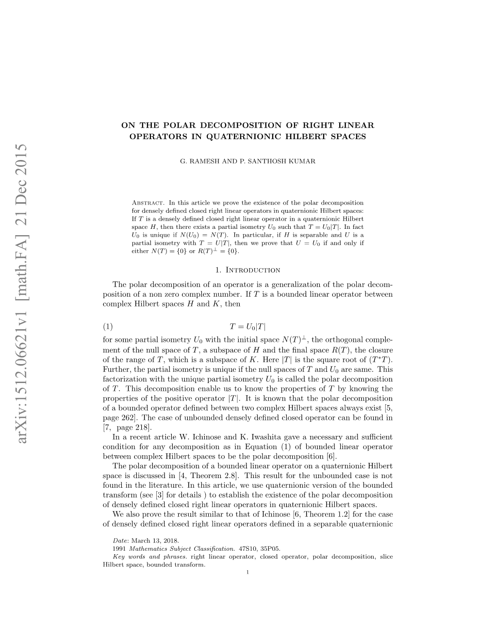 Arxiv:1512.06621V1 [Math.FA] 21 Dec 2015 (1) Ope Ibr Spaces Hilbert Complex O Oeprilisometry Partial Some for Oiino O Eocmlxnme.If Number