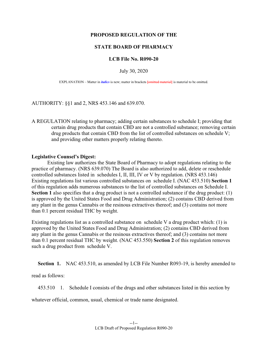 Proposed Regulation of the State Board of Pharmacy