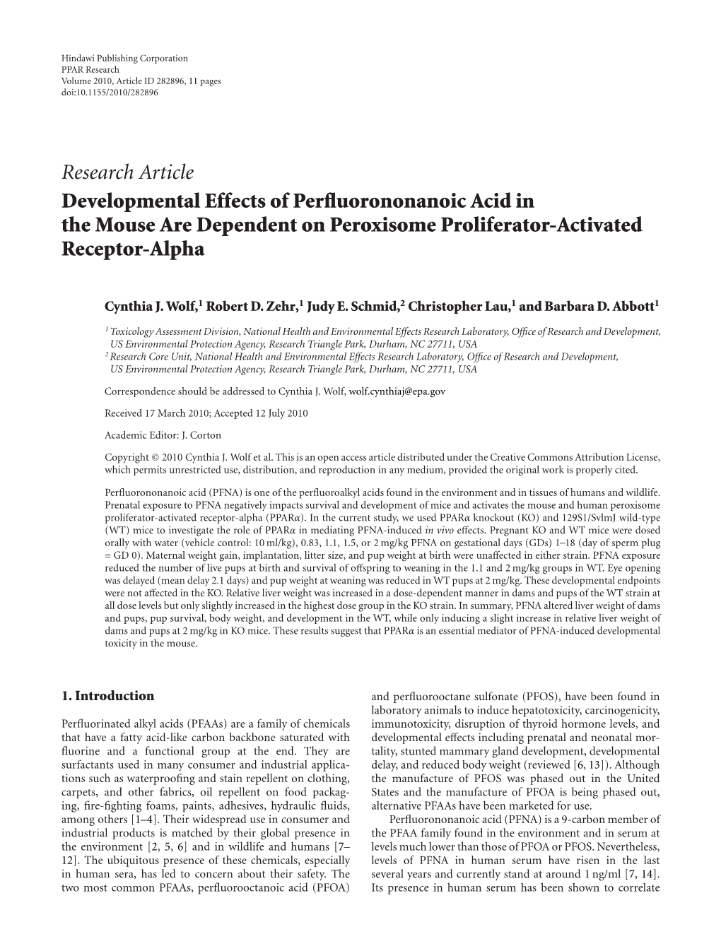 Developmental Effects of Perfluorononanoic Acid in The