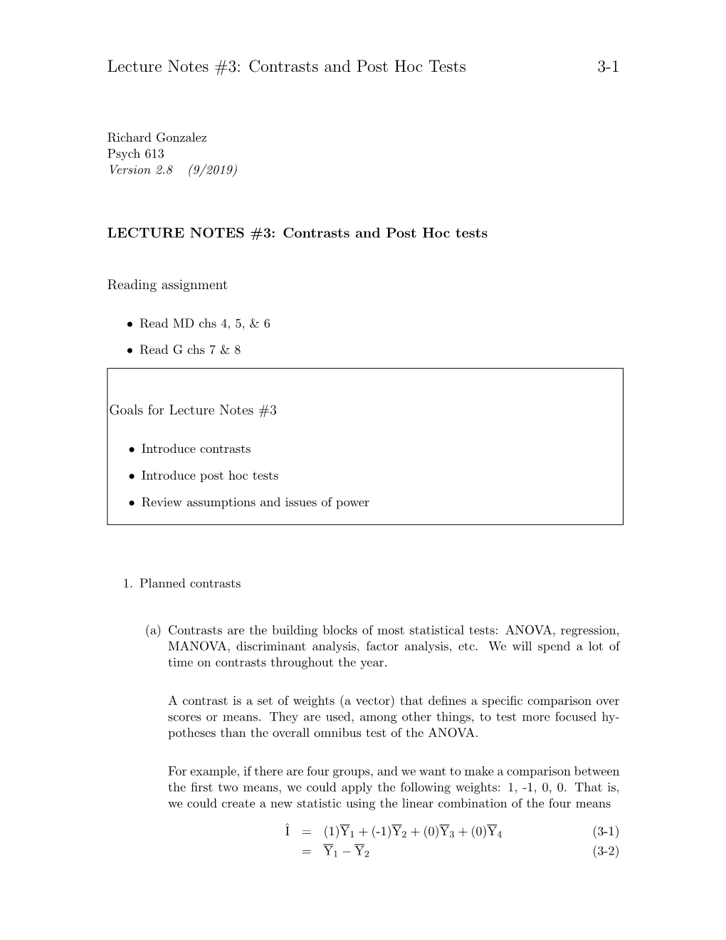 Lecture Notes #3: Contrasts and Post Hoc Tests 3-1