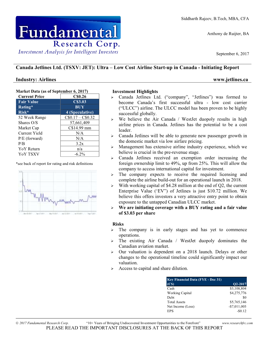 Canada Jetlines Ltd. (TSXV: JET): Ultra – Low Cost Airline Start-Up in Canada - Initiating Report