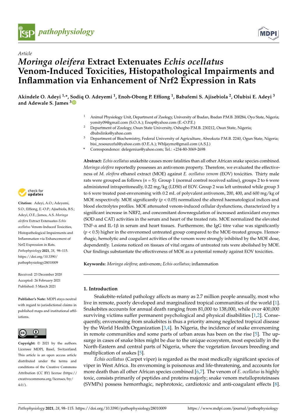 Moringa Oleifera Extract Extenuates Echis Ocellatus Venom-Induced Toxicities, Histopathological Impairments and Inﬂammation Via Enhancement of Nrf2 Expression in Rats