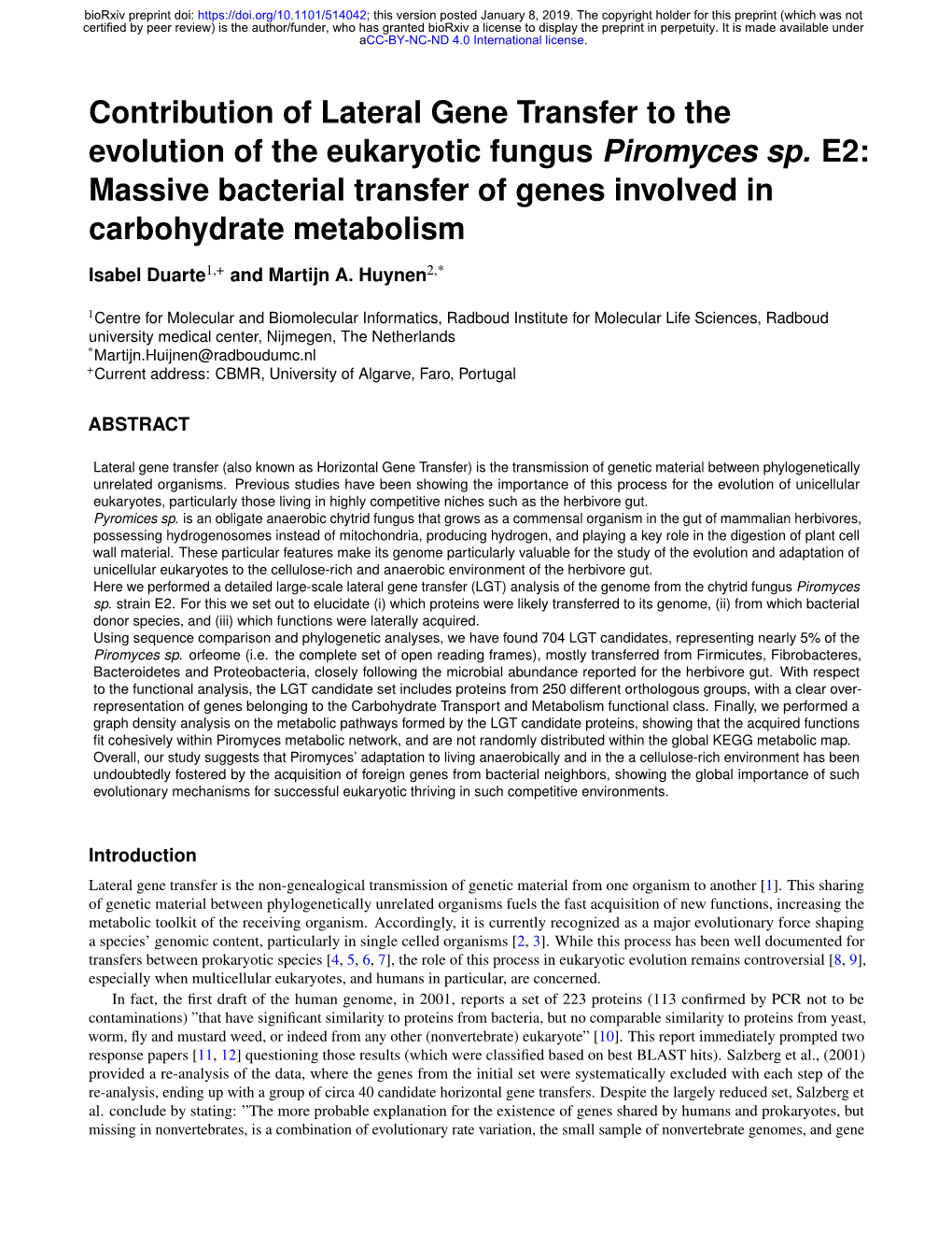 Contribution of Lateral Gene Transfer to the Evolution of the Eukaryotic Fungus Piromyces Sp. E2