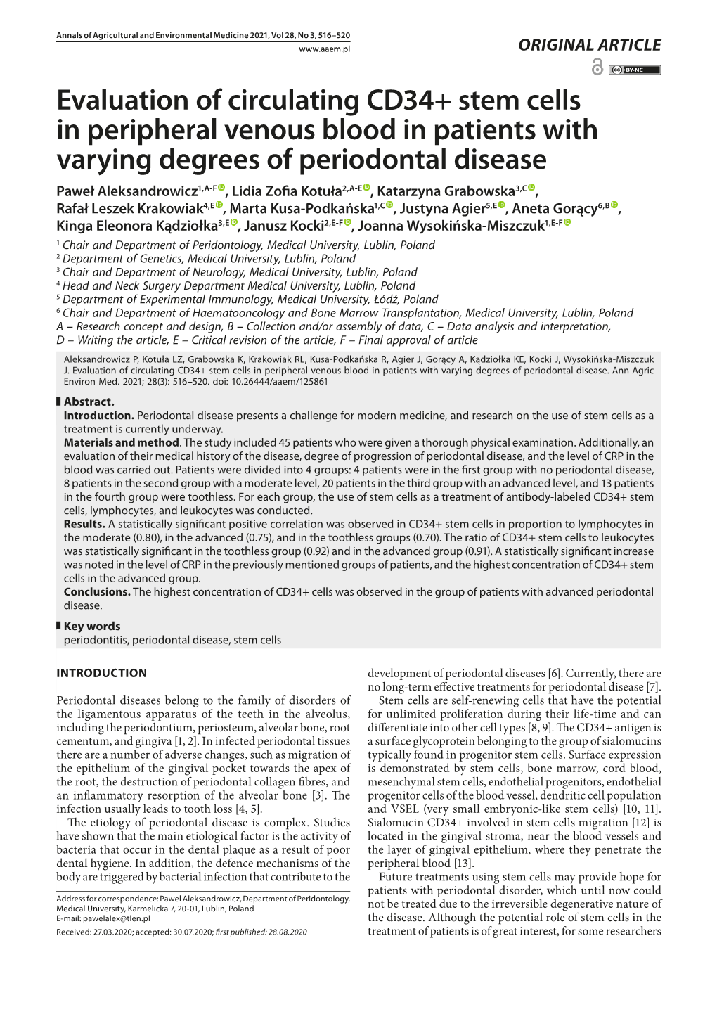 Evaluation of Circulating CD34+ Stem Cells in Peripheral Venous Blood in Patients with Varying Degrees of Periodontal Disease
