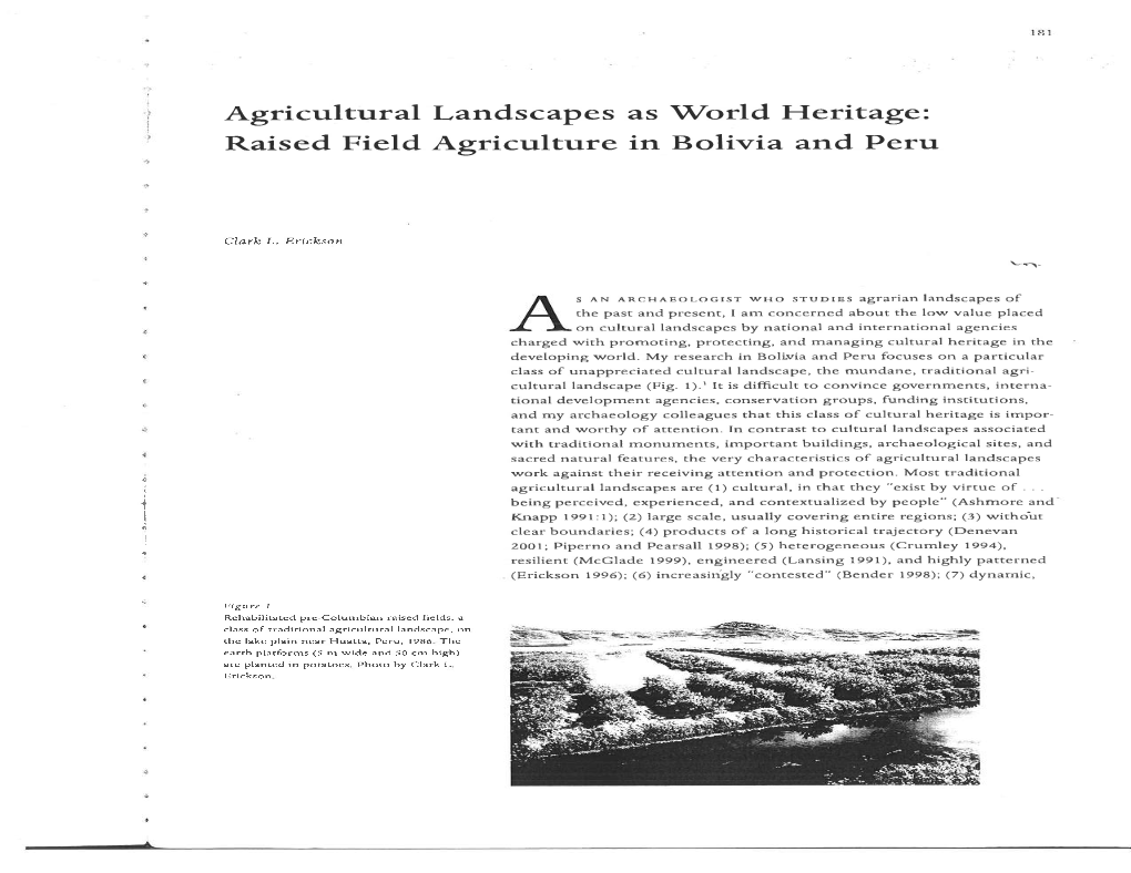 Agricultural Landscapes As World Heritage: Raised Field Agriculture in Bolivia and Peru