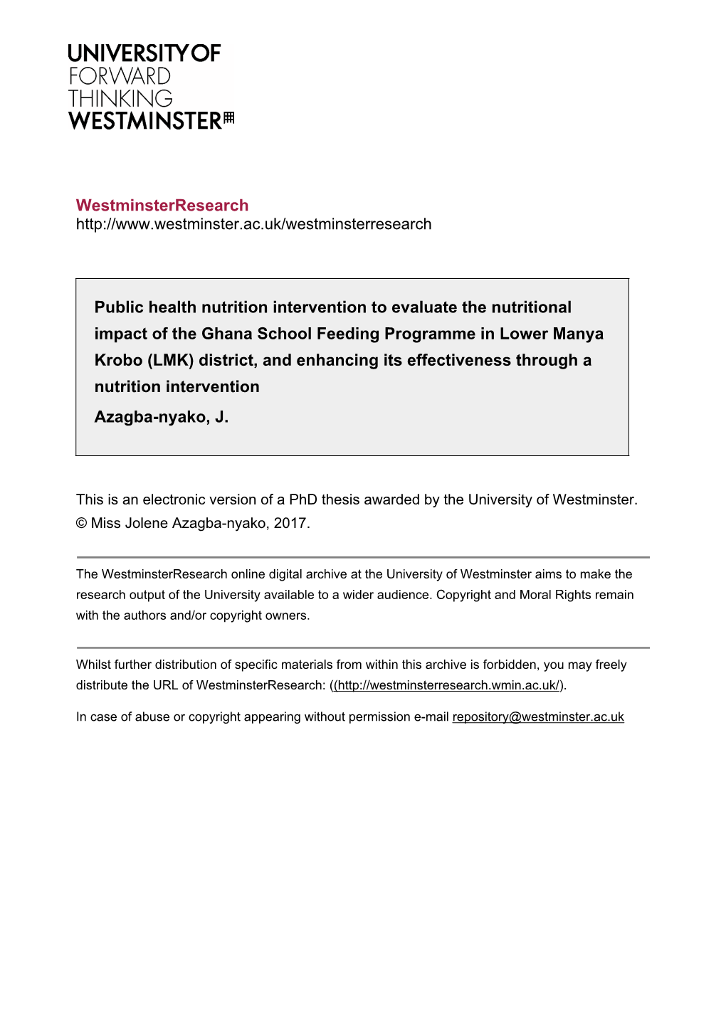 Westminsterresearch Public Health Nutrition Intervention to Evaluate The