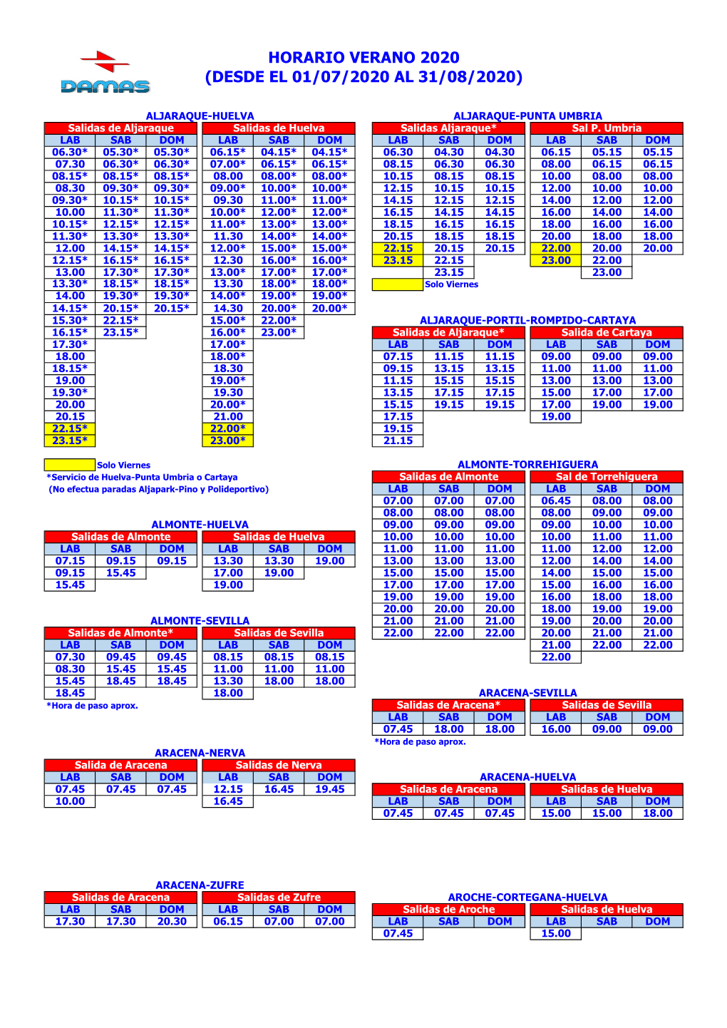 Horario Verano 2020 (Desde El 01/07/2020 Al 31/08/2020)