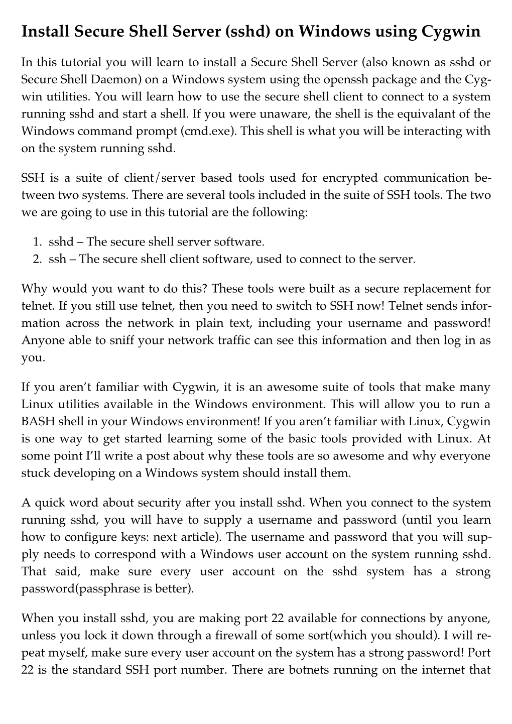 Install Secure Shell Server (Sshd) on Windows Using Cygwin | Lars Avery