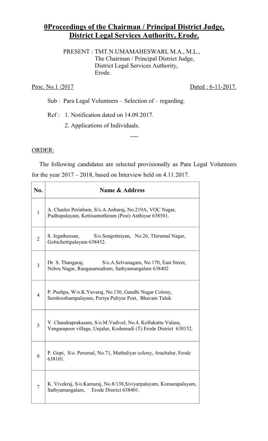 0Proceedings of the Chairman / Principal District Judge, District Legal Services Authority, Erode