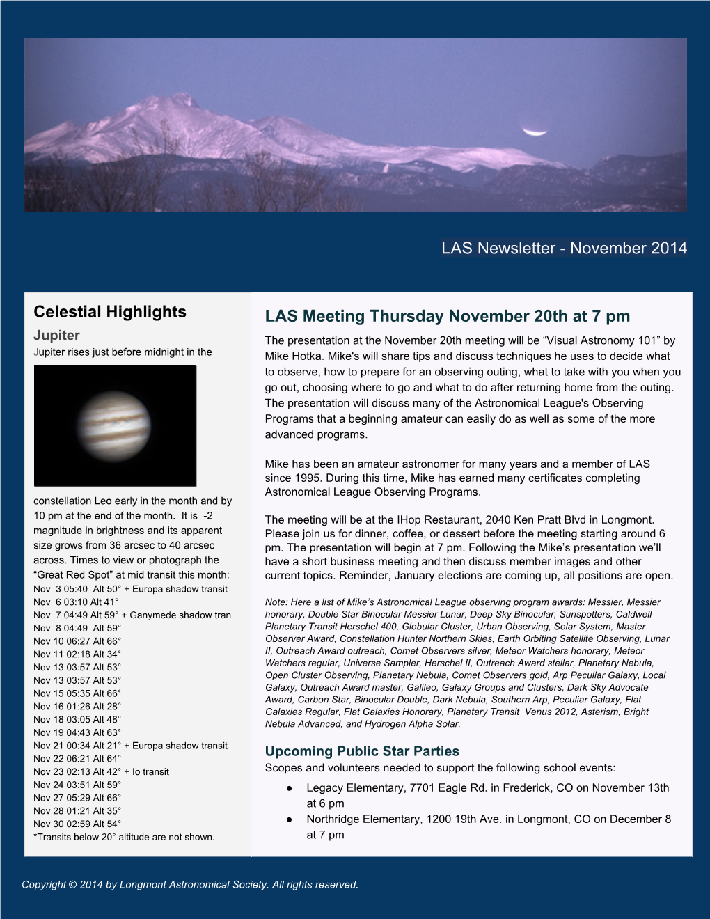 LAS Newsletter November 2014 Celestial Highlights LAS Meeting