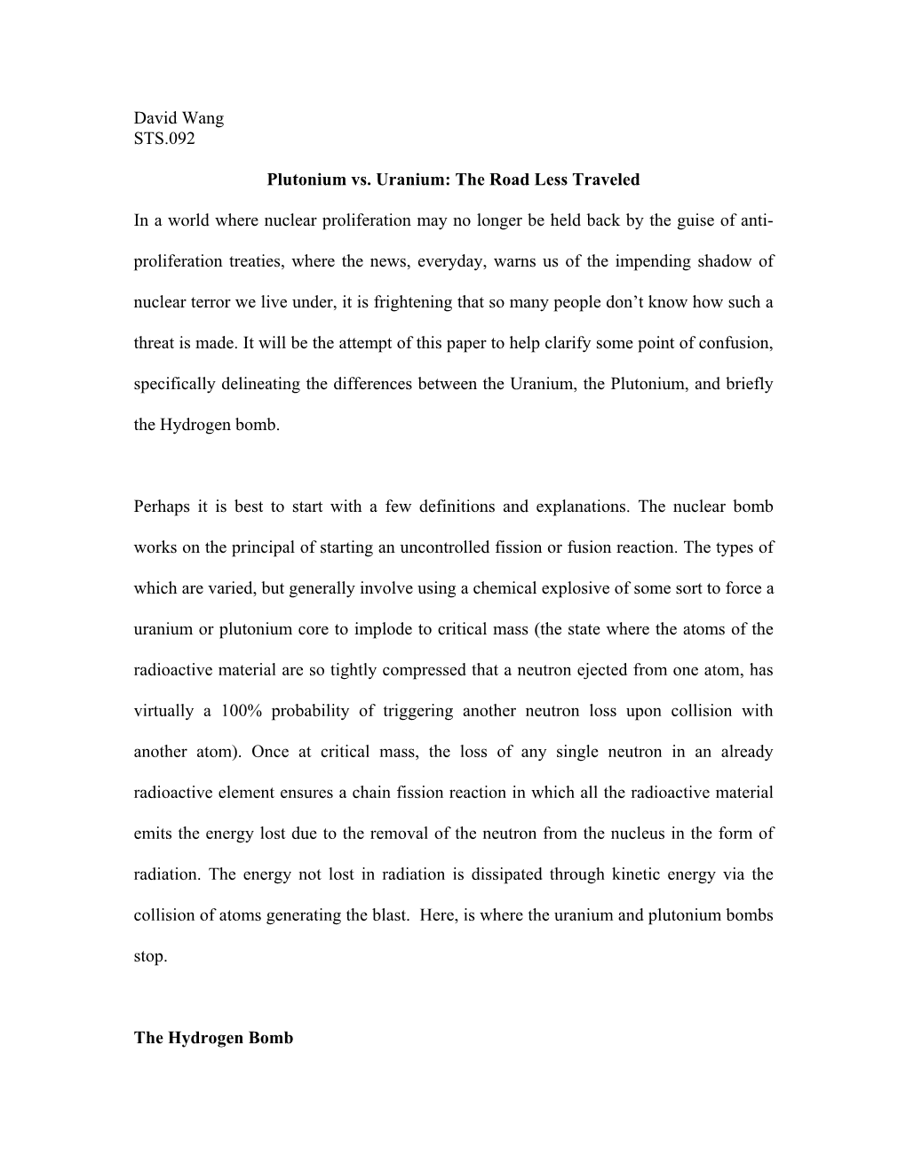 David Wang STS.092 Plutonium Vs. Uranium