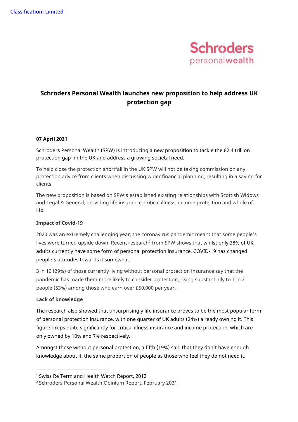 Schroders Personal Wealth Launches New Proposition to Help Address UK Protection Gap