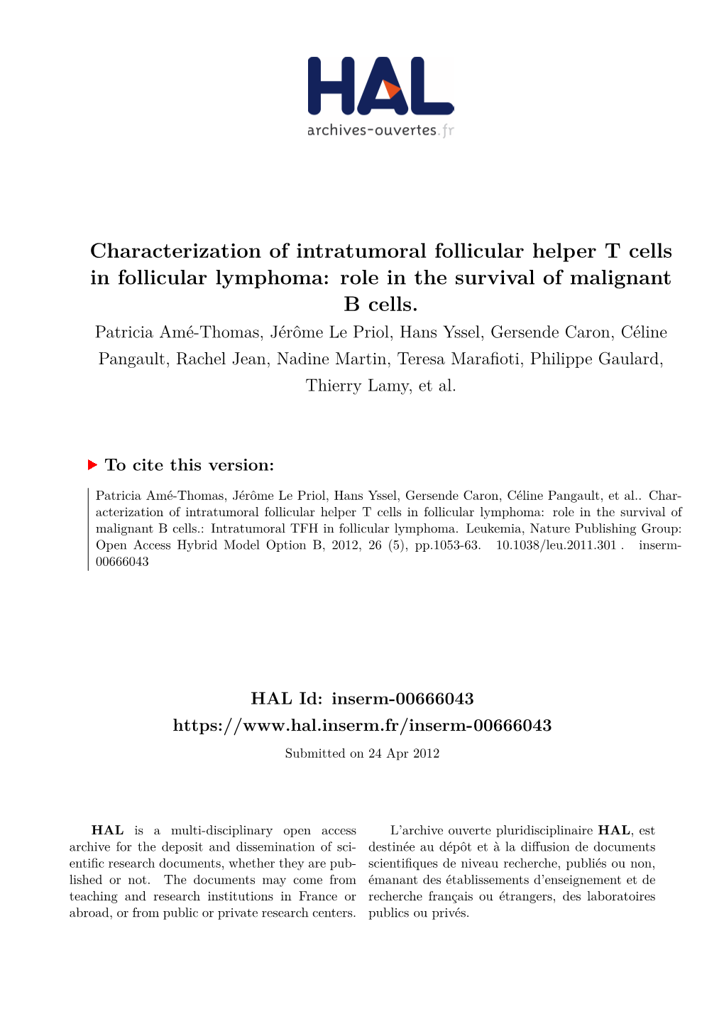 Characterization of Intratumoral Follicular Helper T Cells in Follicular Lymphoma: Role in the Survival of Malignant B Cells